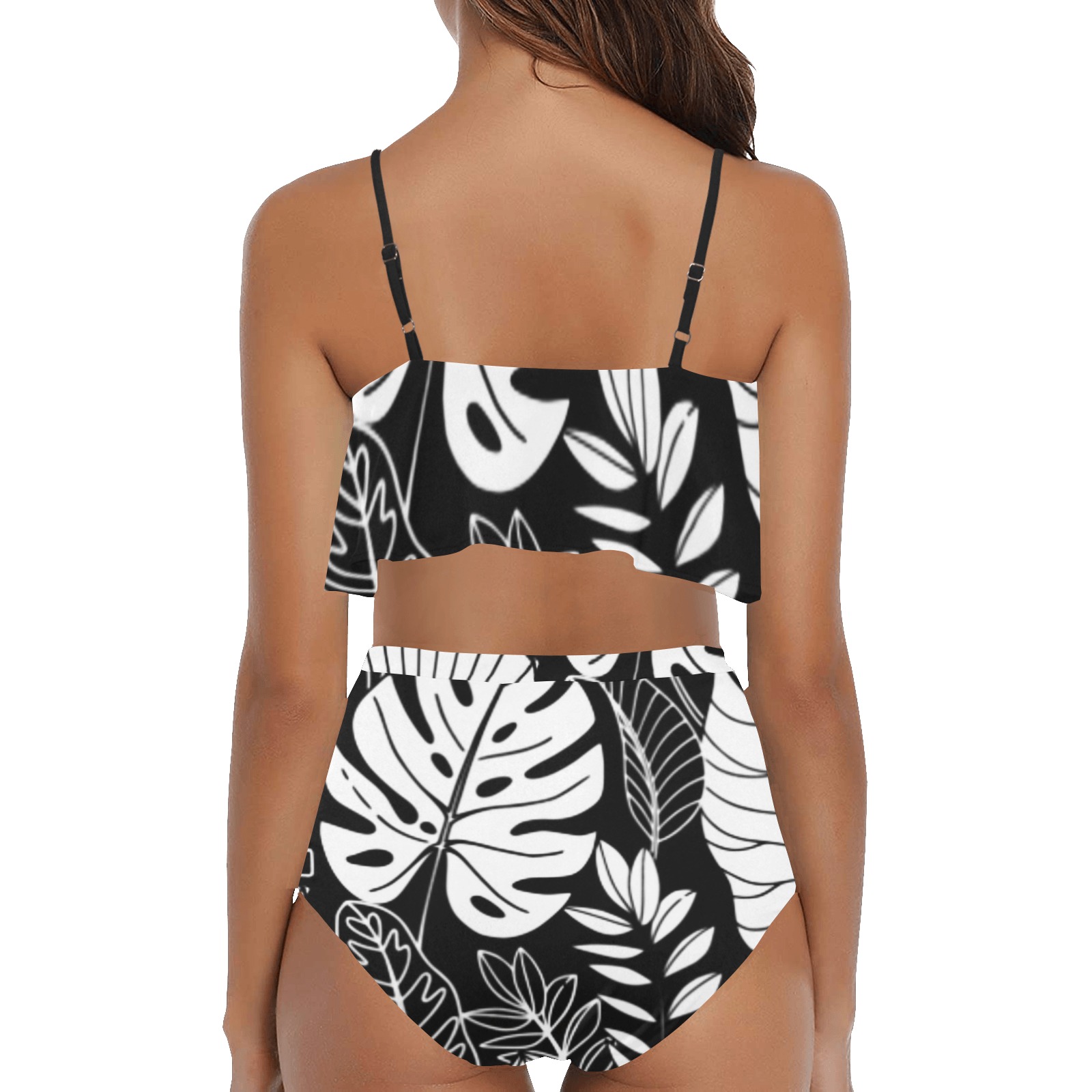 Palm Leaves High Waisted Ruffle Bikini Set (Model S13)