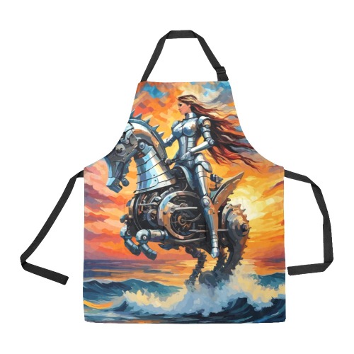 Princess in armor rides mechanical seahorse at sea All Over Print Apron