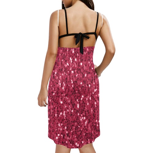 Magenta dark pink red faux sparkles glitter Spaghetti Strap Backless Beach Cover Up Dress (Model D65)