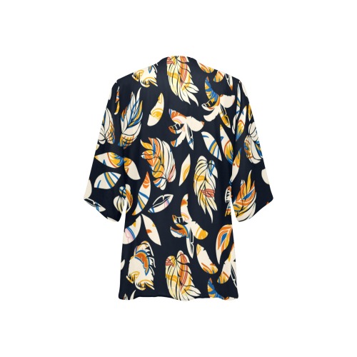 Dark modern leaf tropical SST Women's Kimono Chiffon Cover Ups (Model H51)