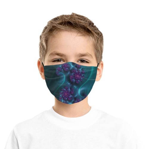 Turquoise and Purple Flowers and Seedheads Fractal Abstract Pleated Mouth Mask for Kids (Model M08)