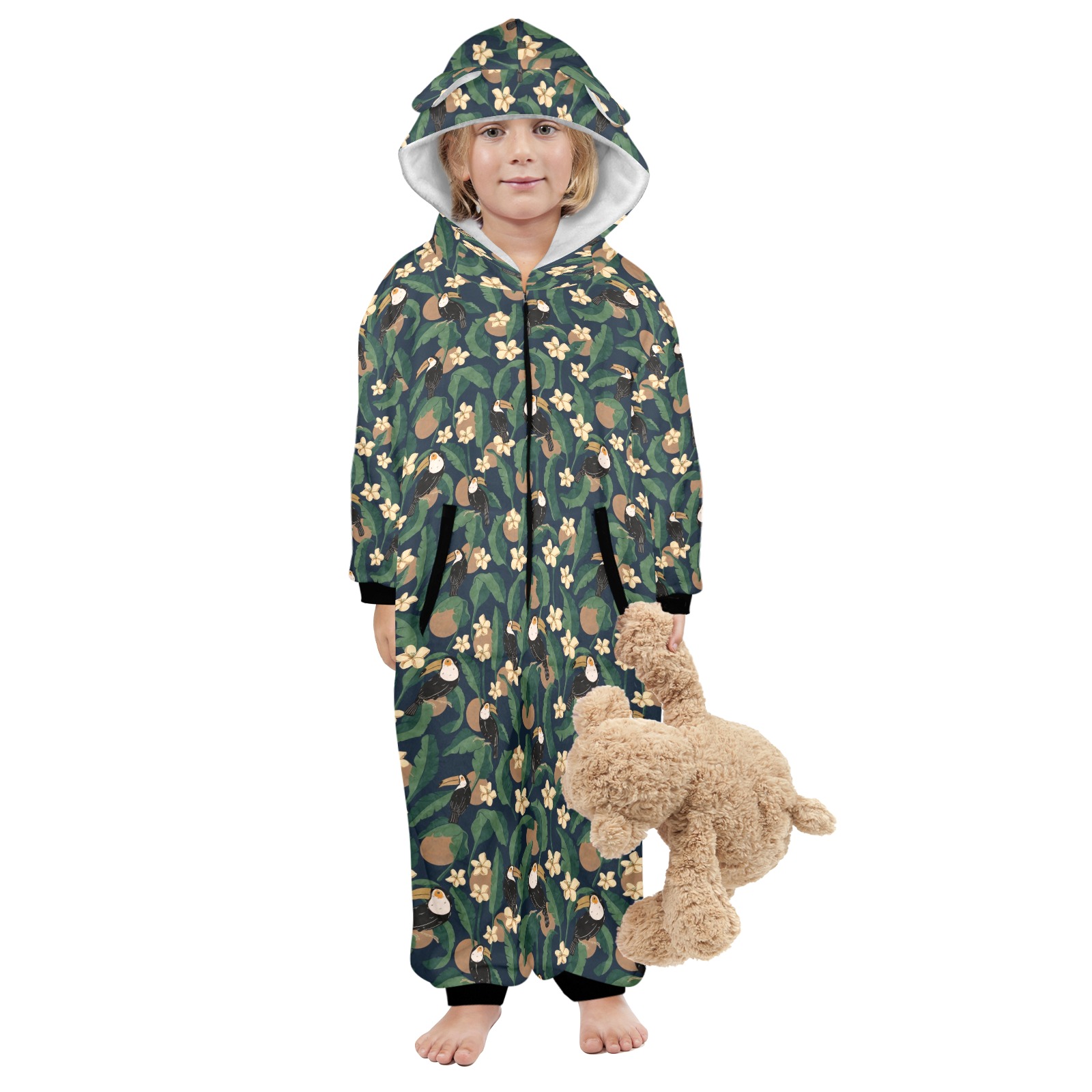 Toucans in the banana trees 85D One-Piece Zip up Hooded Pajamas for Little Kids