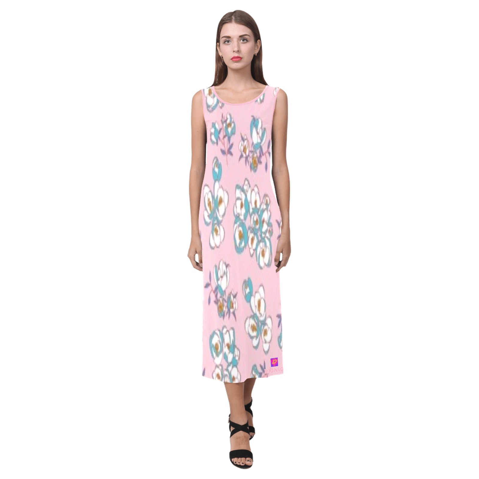 DIONIO Clothing - Ladies' Pink Phaedra Sleeveless Open Fork Long Dress (White Flowers) Phaedra Sleeveless Open Fork Long Dress (Model D08)