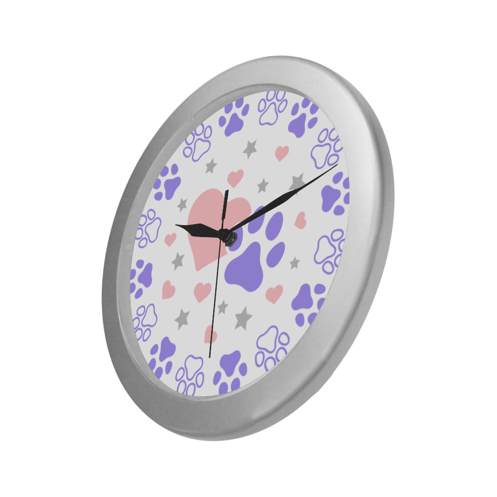 Pink and Purple Dog Cat Pet Lovers Hearts and Stars Paw Print Design Silver Color Wall Clock