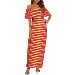 tribal yellow cream orange maroon magenta Women's Off Shoulder Ruffle Boat Neck Dress (Model D71)