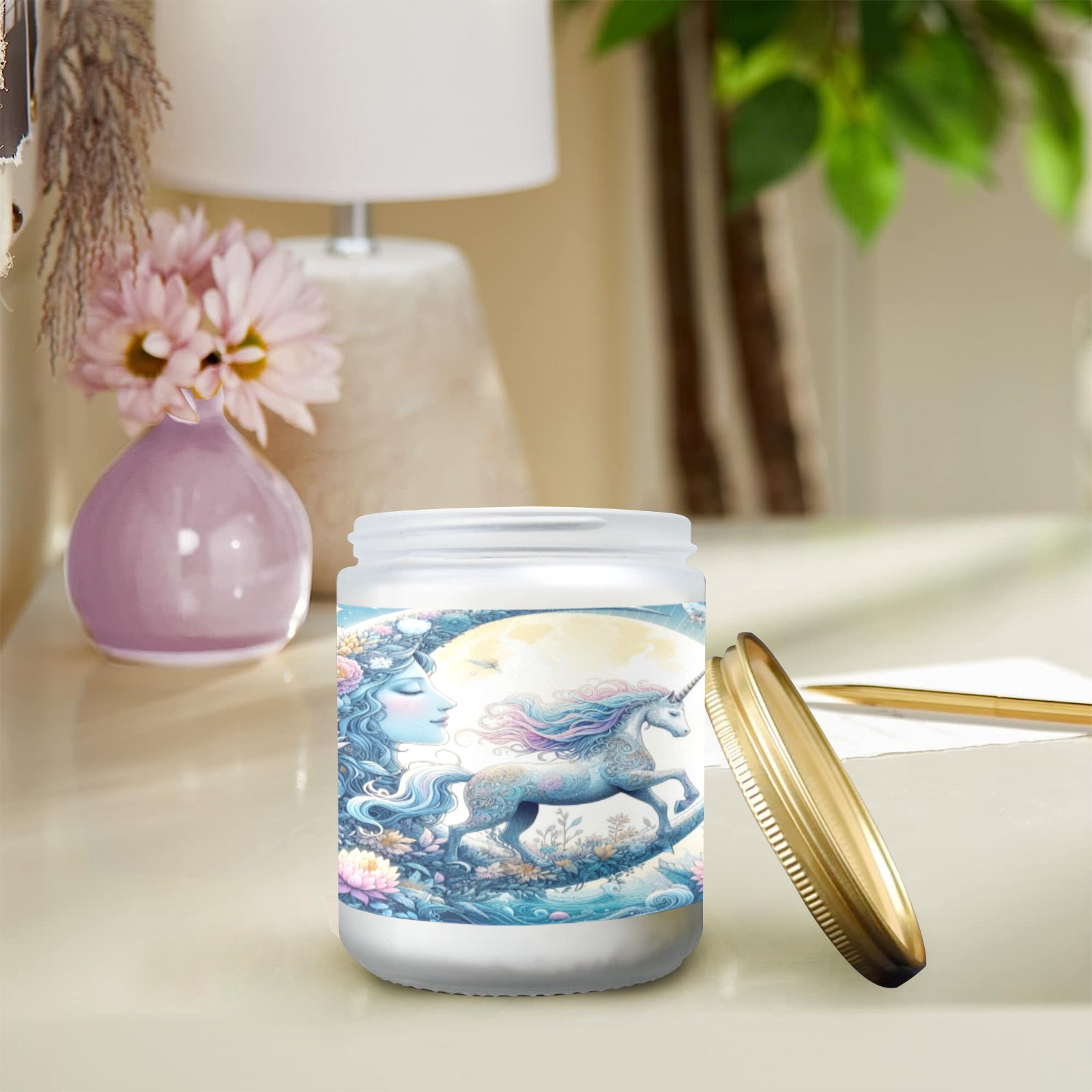 Unicorn And The Moon Frosted Glass Candle Cup - Large Size