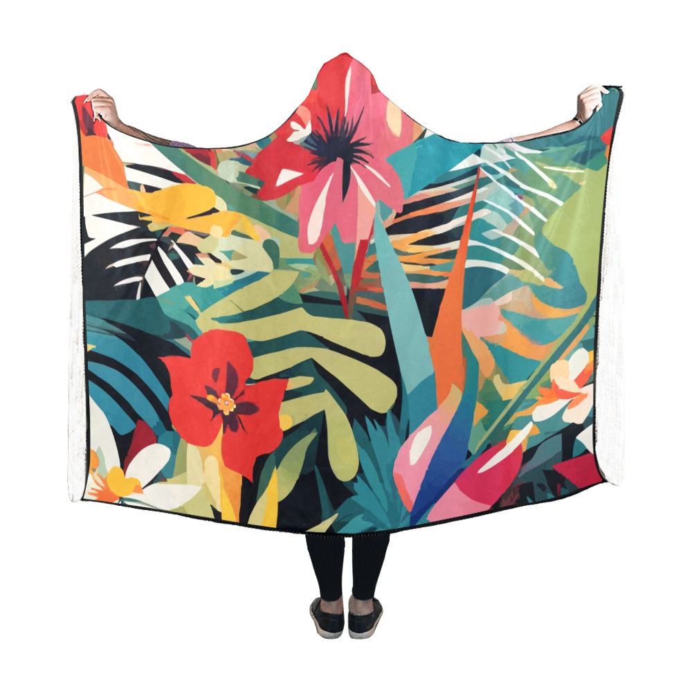 Trendy colorful art of tropical plants, flowers. Hooded Blanket 60''x50''