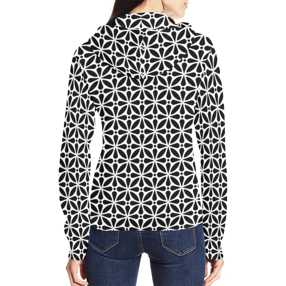 Black and White Floral Pattern Abstract All Over Print Full Zip Hoodie for Women (Model H14)