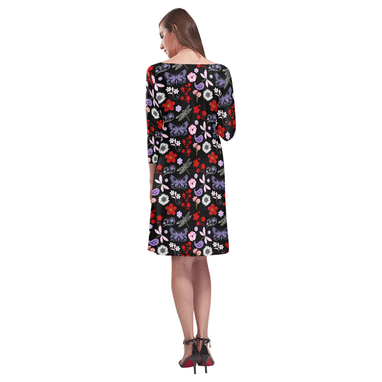 Black, Red, Pink, Purple, Dragonflies, Butterfly and Flowers Design Rhea Loose Round Neck Dress(Model D22)