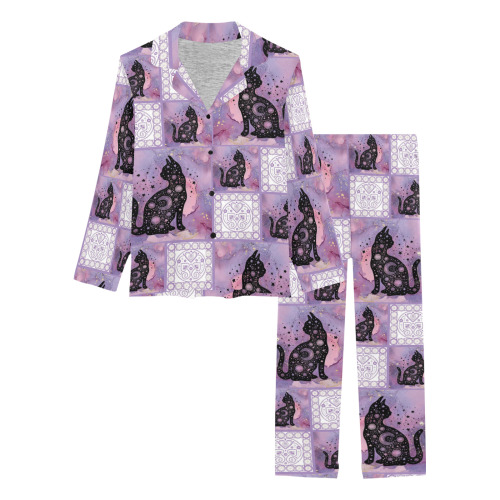 Purple Cosmic Cats Patchwork Pattern Women's Long Pajama Set