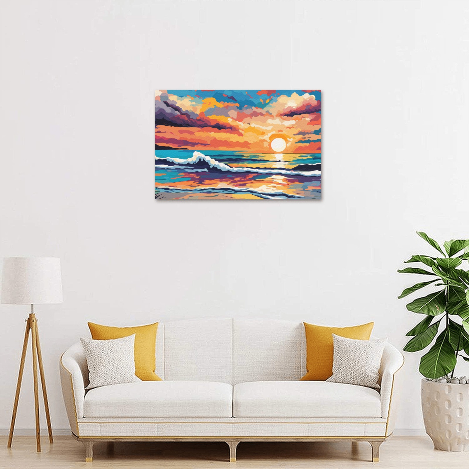 Deserted tropical beach at colorful sunset art. Upgraded Canvas Print 18"x12"