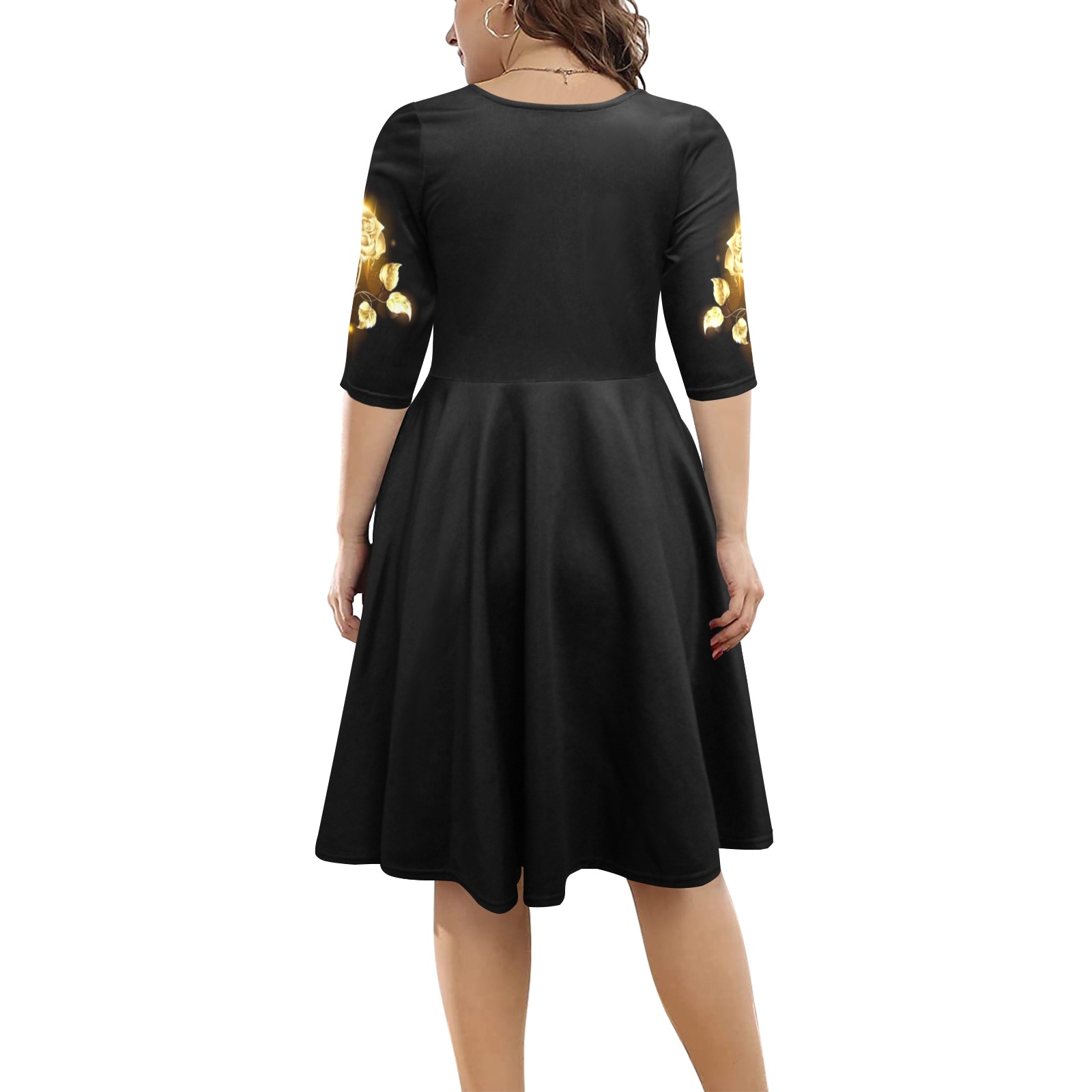 Shiny Golden Rose Pattern Half Sleeve Skater Dress (Model D61)