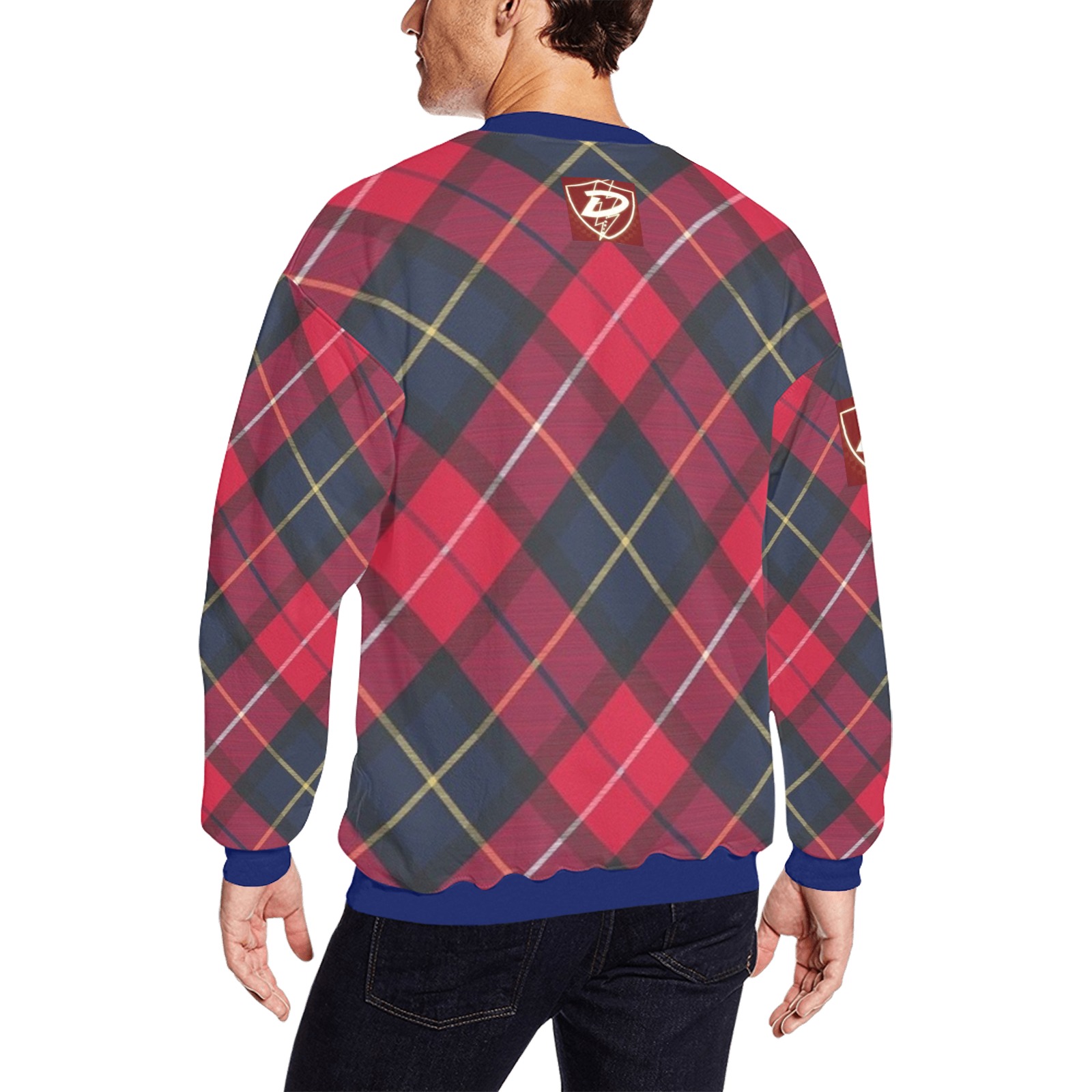 DIONIO Clothing - Red & Blue Plaid Sweatshirt (Red Shield Logo) Men's Oversized Fleece Crew Sweatshirt (Model H18)