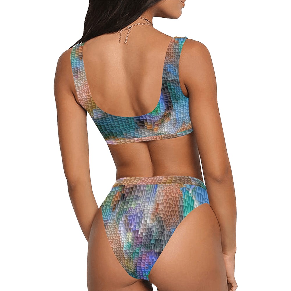 Multi Color Triangles Sport Top & High-Waisted Bikini Swimsuit (Model S07)