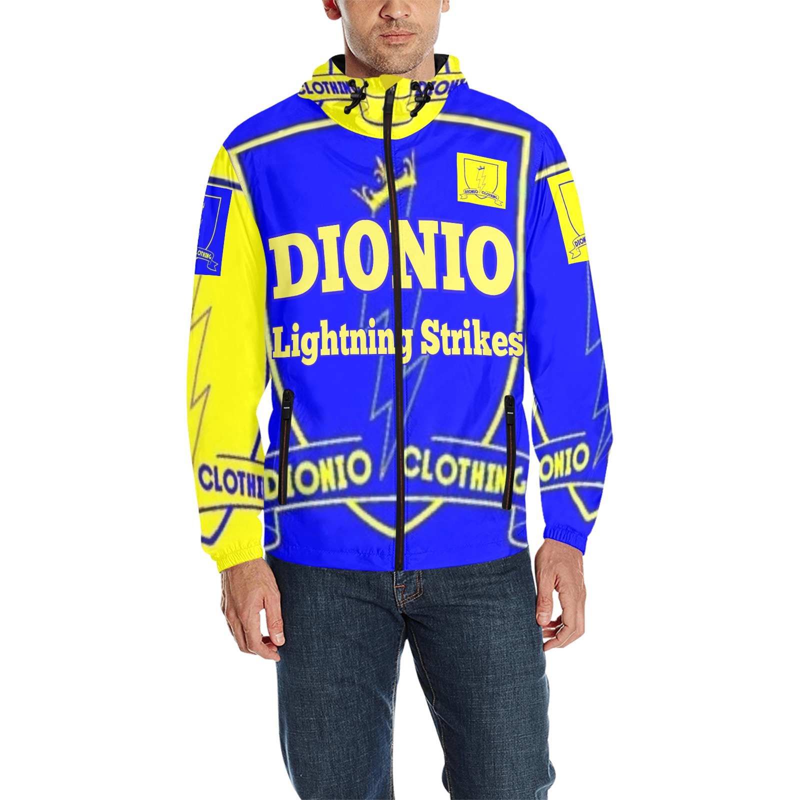 DIONIO Clothing - Lightning Strikes Quilted Windbreaker (Double Shielded Logo Blue & Yellow) All Over Print Quilted Windbreaker for Men (Model H35)