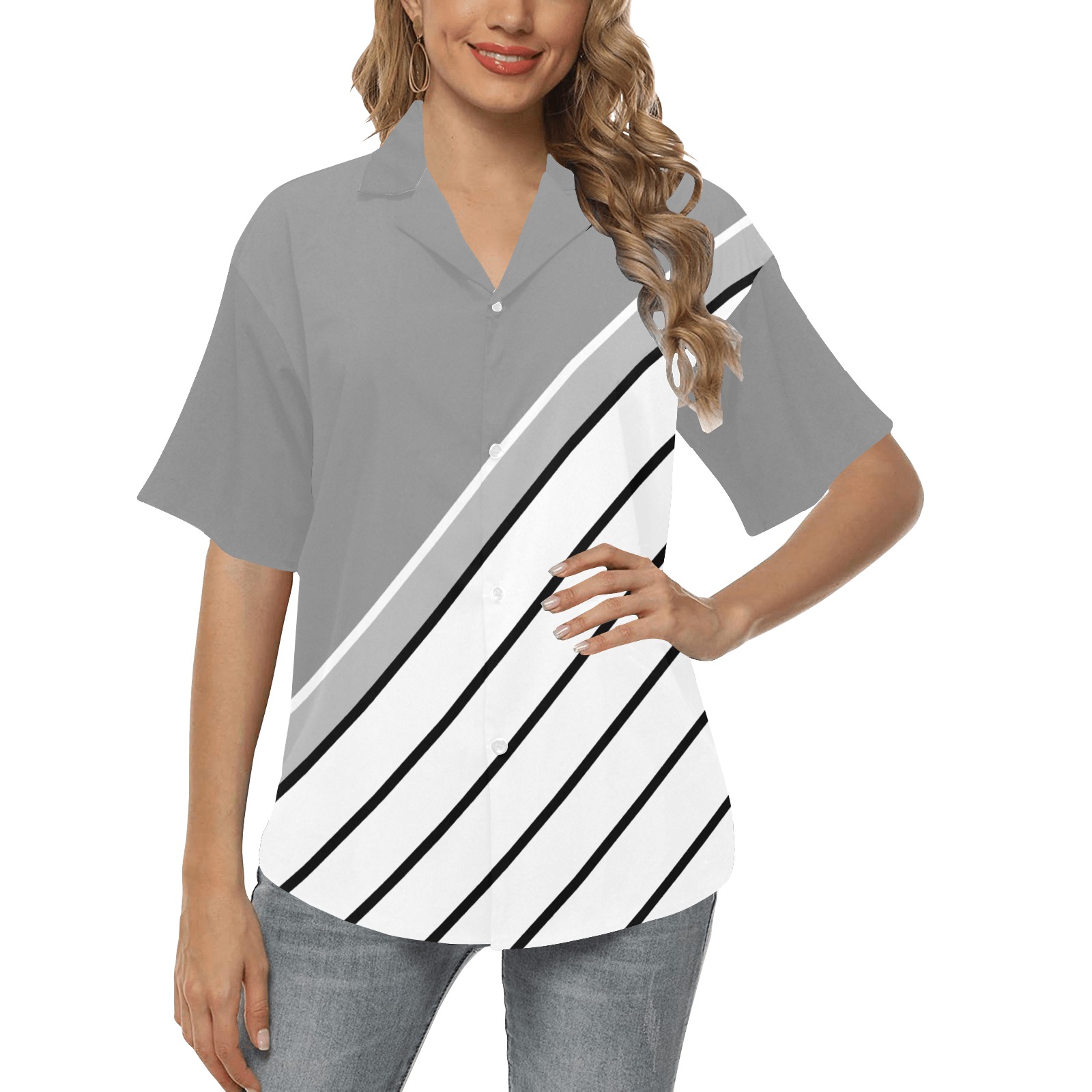 Black White Diagonal All Over Print Hawaiian Shirt for Women (Model T58)