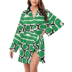 Retro green dots Women's Long Sleeve Belted Night Robe
