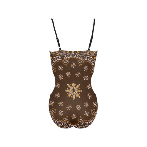 Bandanna Pattern Brown Spaghetti Strap Cut Out Sides Swimsuit (Model S28)