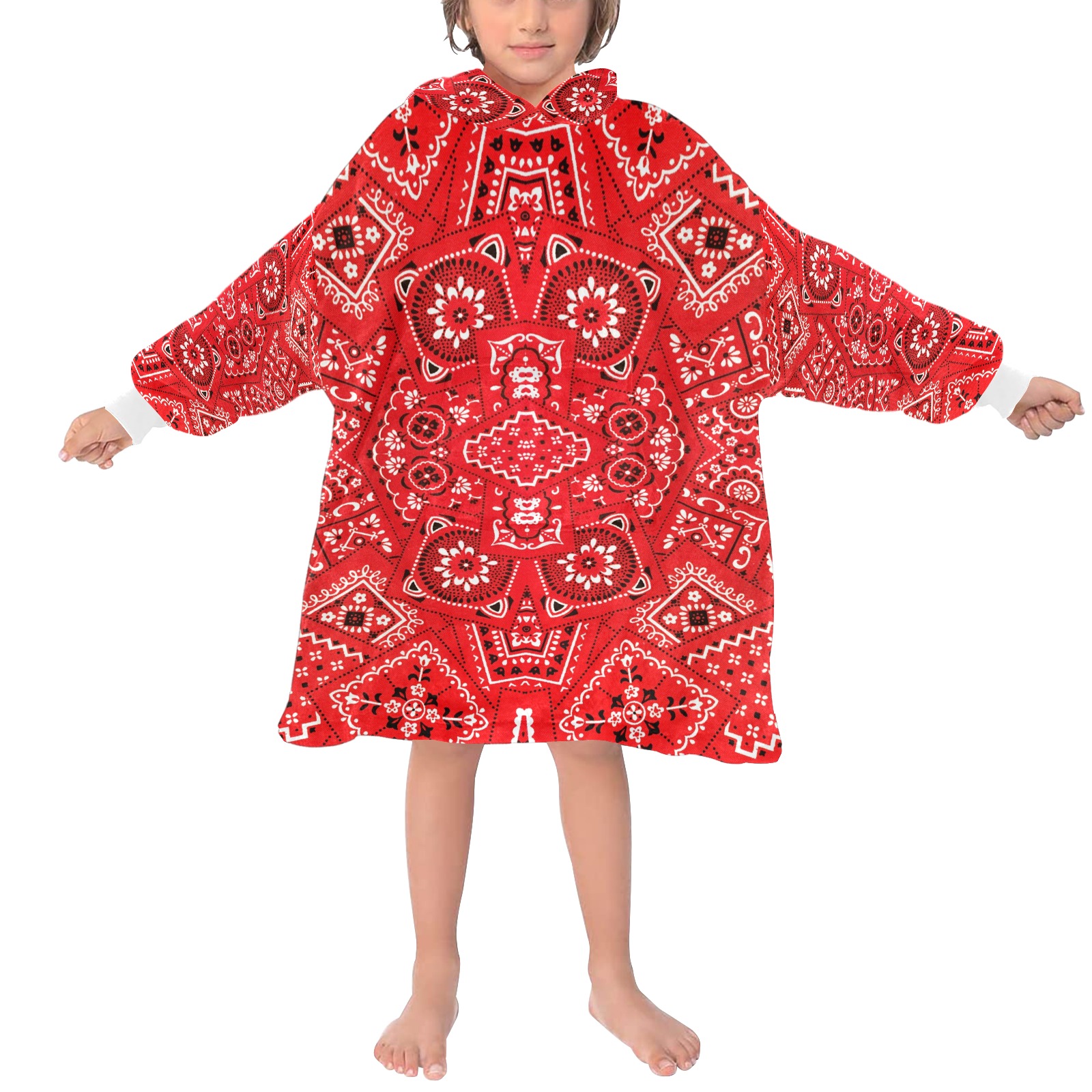Red Bandana Squares / White Cuff Blanket Hoodie for Kids