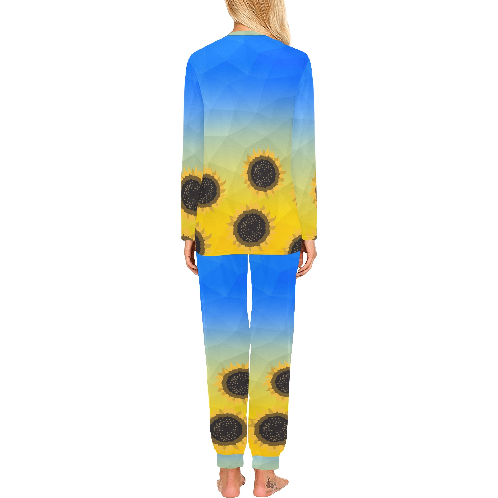 Ukraine yellow blue geometric mesh pattern Sunflowers Women's All Over Print Pajama Set