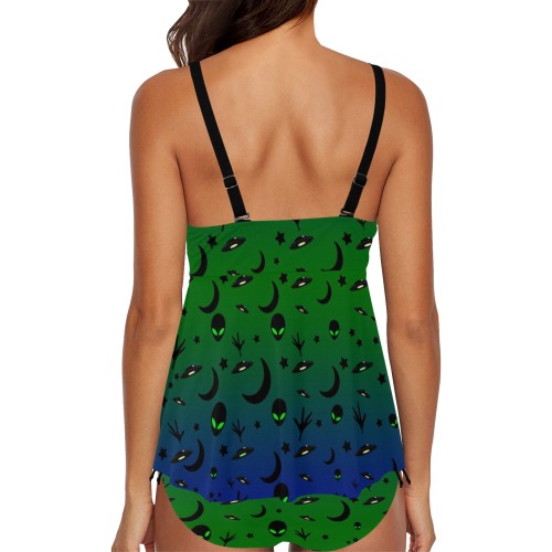 Aliens and Spaceships - Blue and Green Chest Drawstring Swim Dress (Model S30)