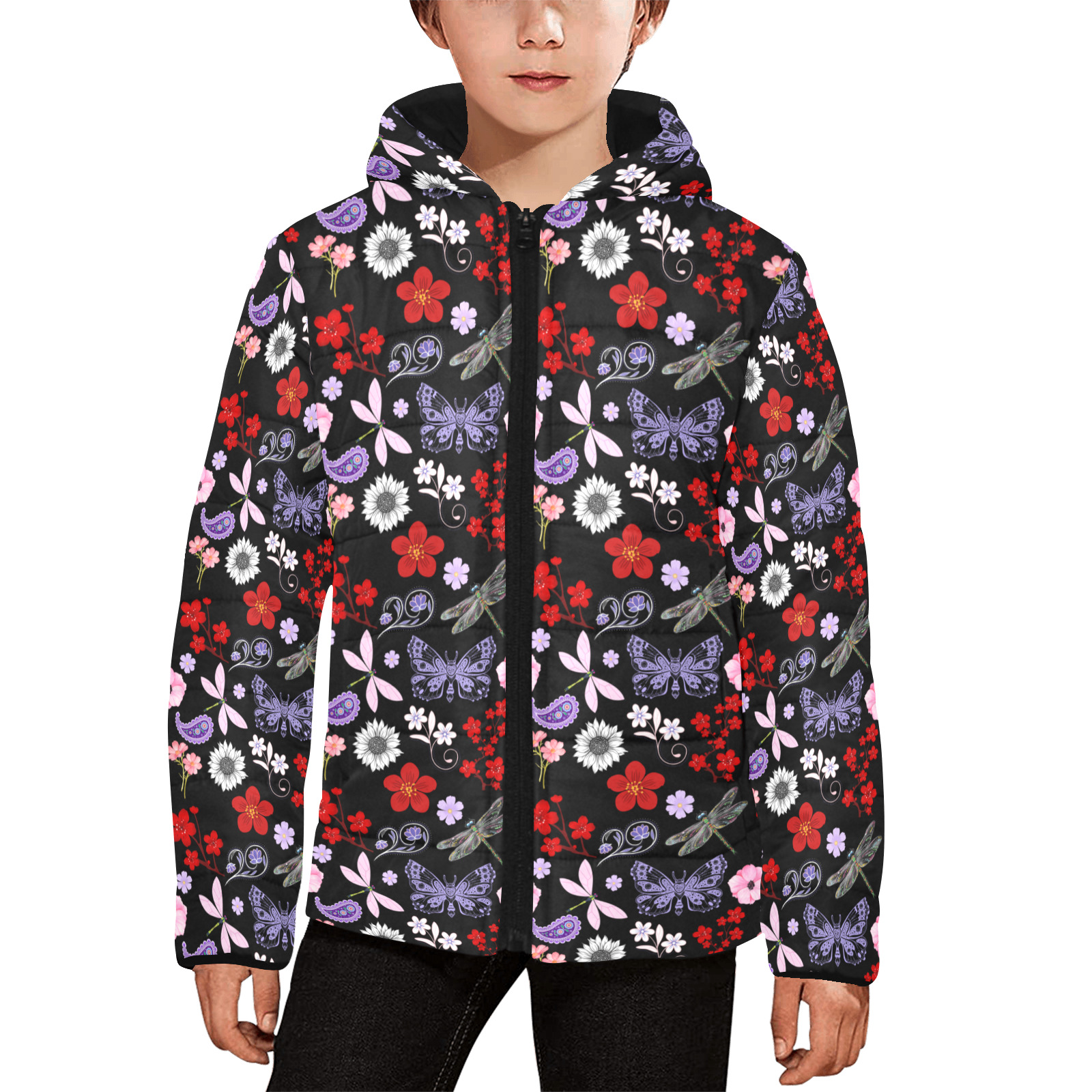 Black, Red, Pink, Purple, Dragonflies, Butterfly and Flowers Design Kids' Padded Hooded Jacket (Model H45)