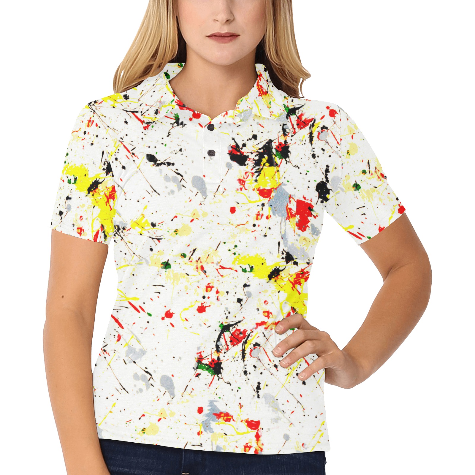 Yellow, Red, Black Paint Splatter Women's All Over Print Polo Shirt (Model T55)