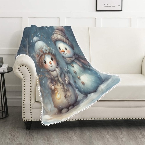 Snowman Couple Pom Pom Fringe Blanket 30"x40"