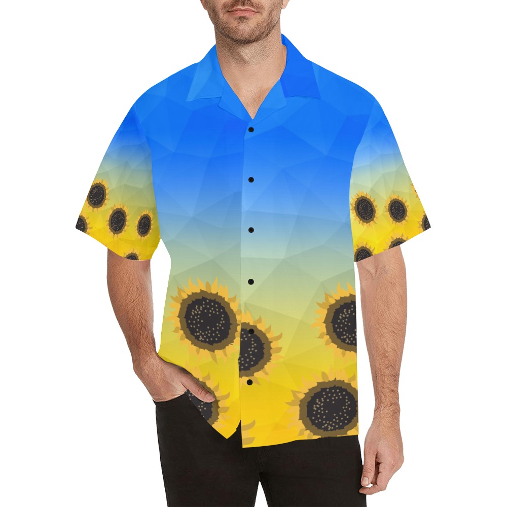 Ukraine yellow blue geometric mesh pattern Sunflowers Hawaiian Shirt (Model T58)