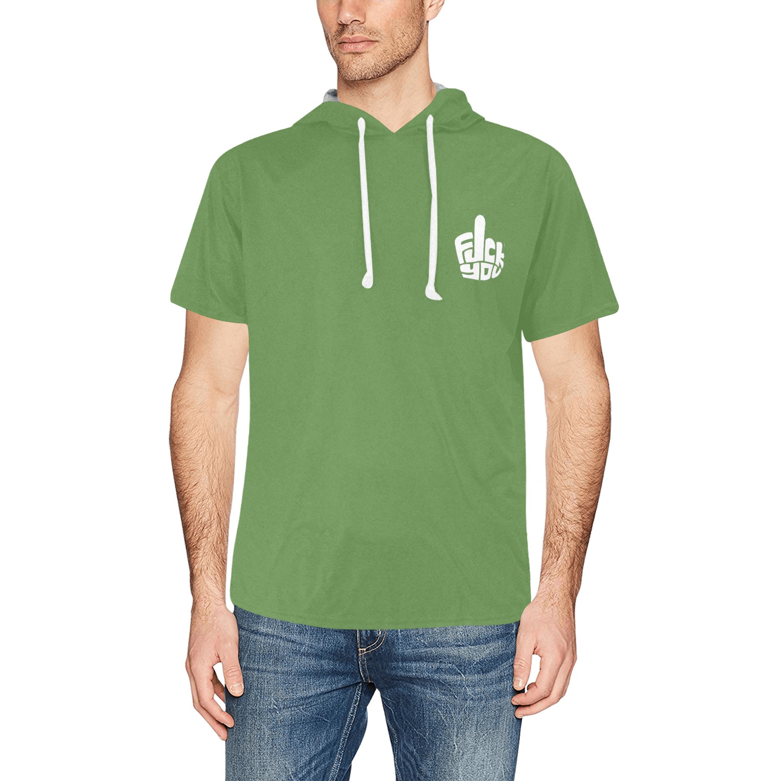 RR FUCK YOU Green All Over Print Short Sleeve Hoodie for Men (Model H32)