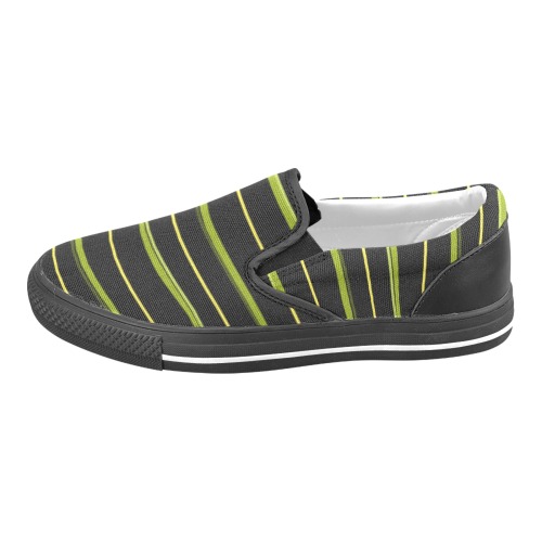 Green Stripes on Black Women's Unusual Slip-on Canvas Shoes (Model 019)