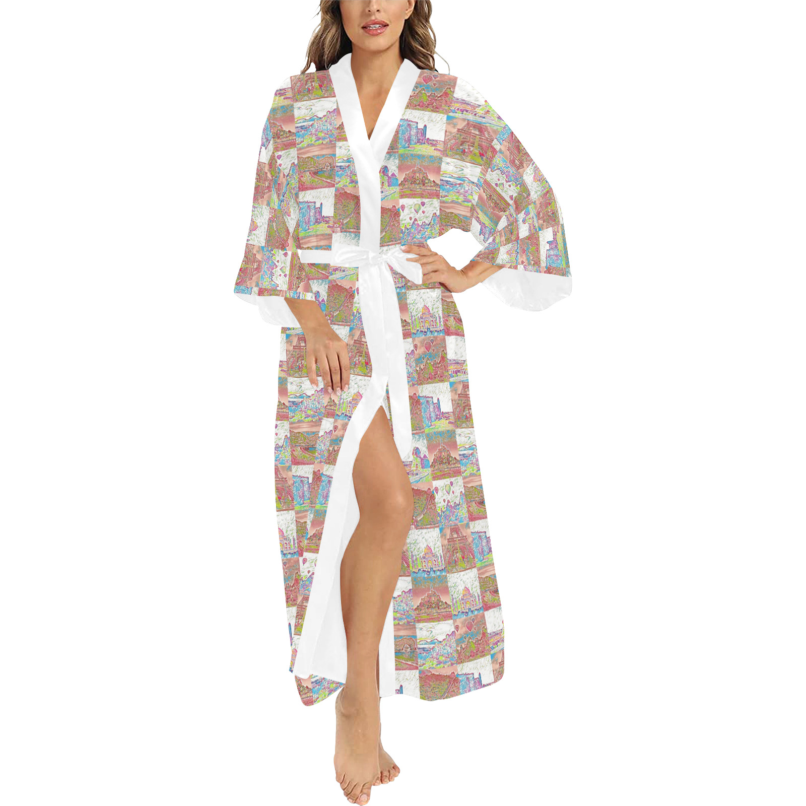 Big Pink and White World Travel Collage Pattern Long Kimono Robe