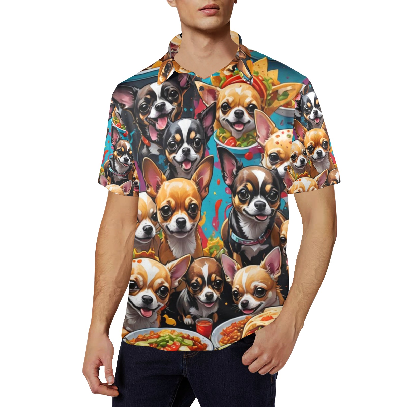CHIHUAHUAS EATING MEXICAN FOOD 2 Men's All Over Print Polo Shirt (Model T55)