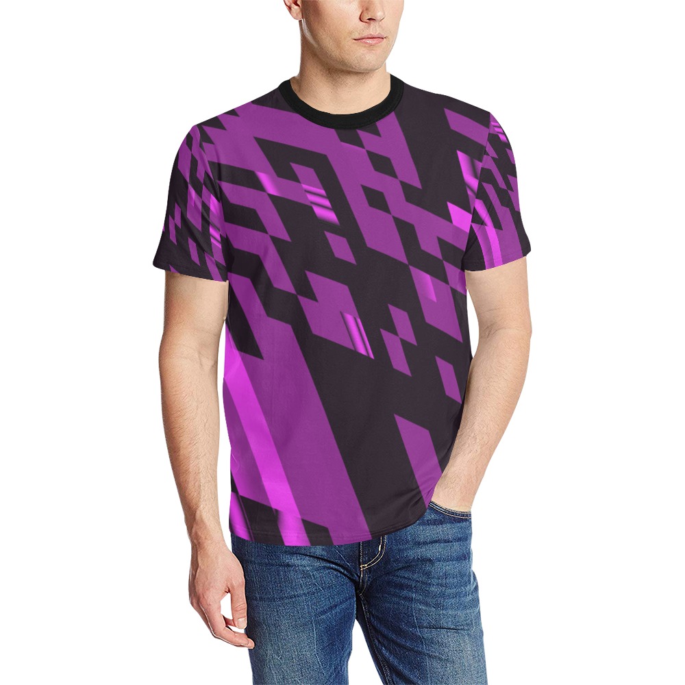 Pink Black Geometric Abstract Men's All Over Print T-Shirt (Solid Color Neck) (Model T63)