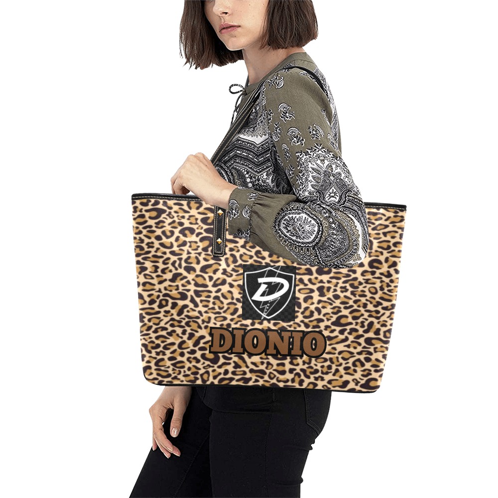 Dionio - Chic Leather Tote Bags (Cheetah Black Shield Logo) Chic Leather Tote Bag (Model 1709)