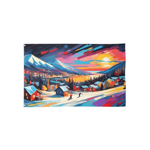Winter mountains, lake, sunset cool skiing theme House Flag 56"x34.5"