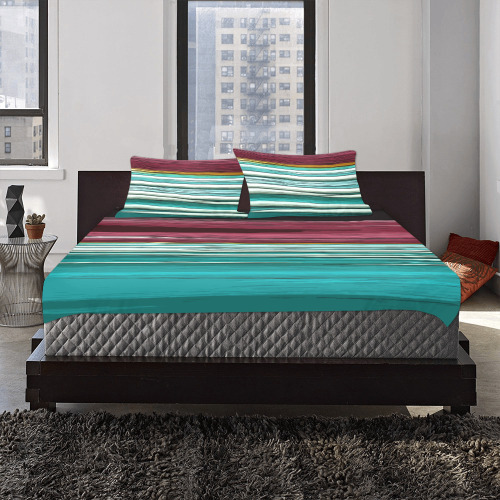 Abstract Red And Turquoise Horizontal Stripes 3-Piece Bedding Set