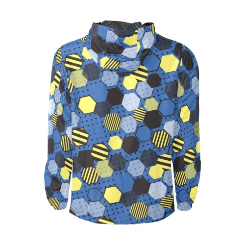 Abstract Patterned Hexagons on Blue Background Unisex All Over Print Windbreaker (Model H23)