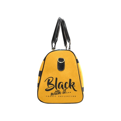 BWi Travel Bag: Orange w/Black Font - Black Leather Strap New Waterproof Travel Bag/Small (Model 1639)