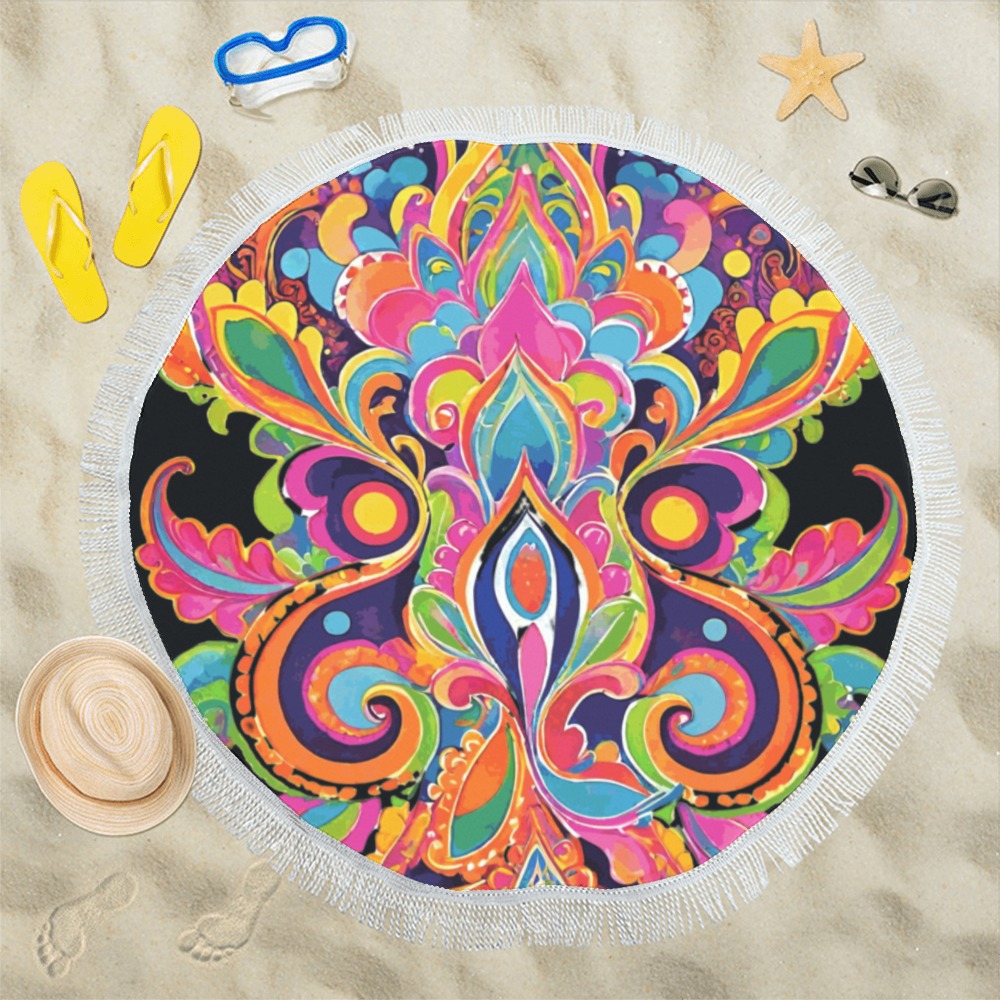 Abstract Retro Hippie Paisley Floral Circular Beach Shawl 59"x 59"
