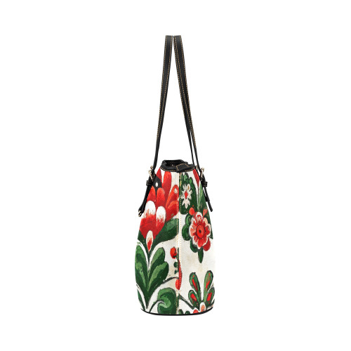folklore motifs red flowers bag Leather Tote Bag/Small (Model 1651)