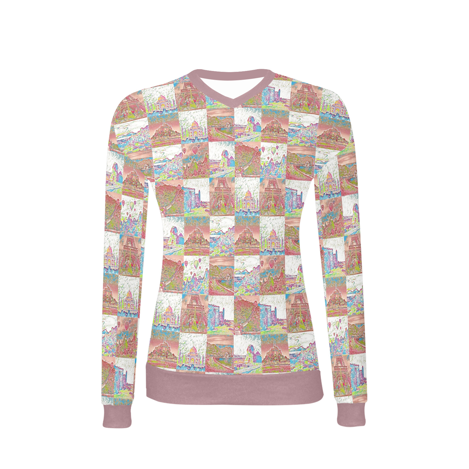 Big Pink and White World travel Collage Pattern Women's All Over Print V-Neck Sweater (Model H48)