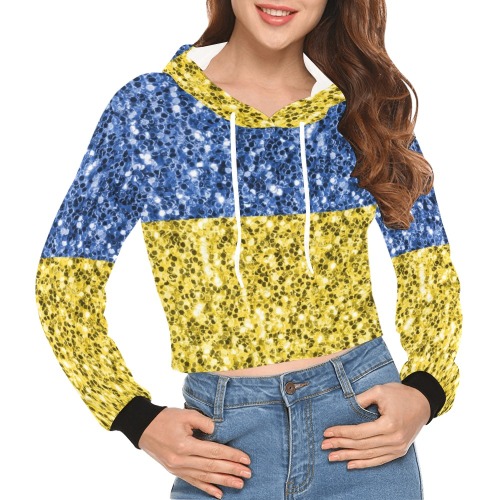 Blue yellow Ukraine flag glitter faux sparkles All Over Print Crop Hoodie for Women (Model H22)