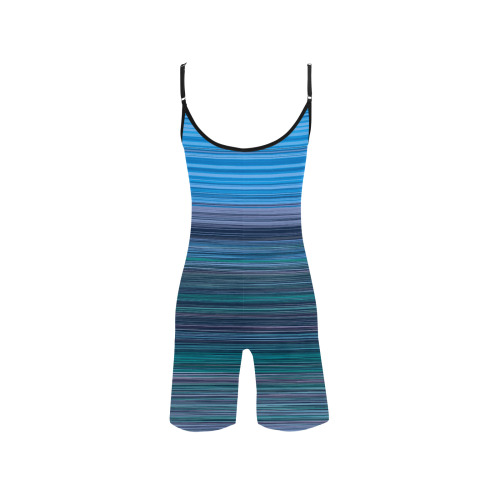 Abstract Blue Horizontal Stripes Women's Short Yoga Bodysuit