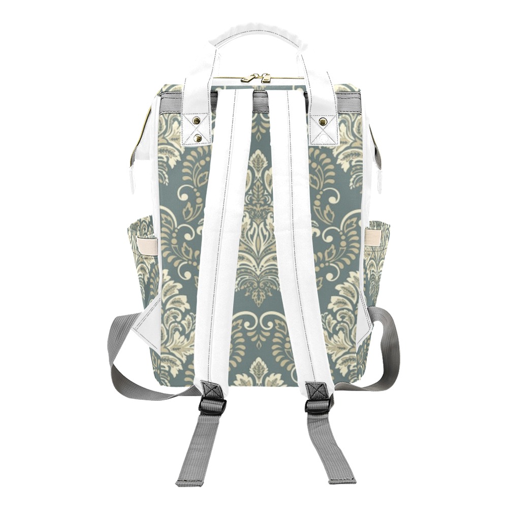 Elegant Gray and White Damask Multi-Function Diaper Backpack/Diaper Bag (Model 1688)