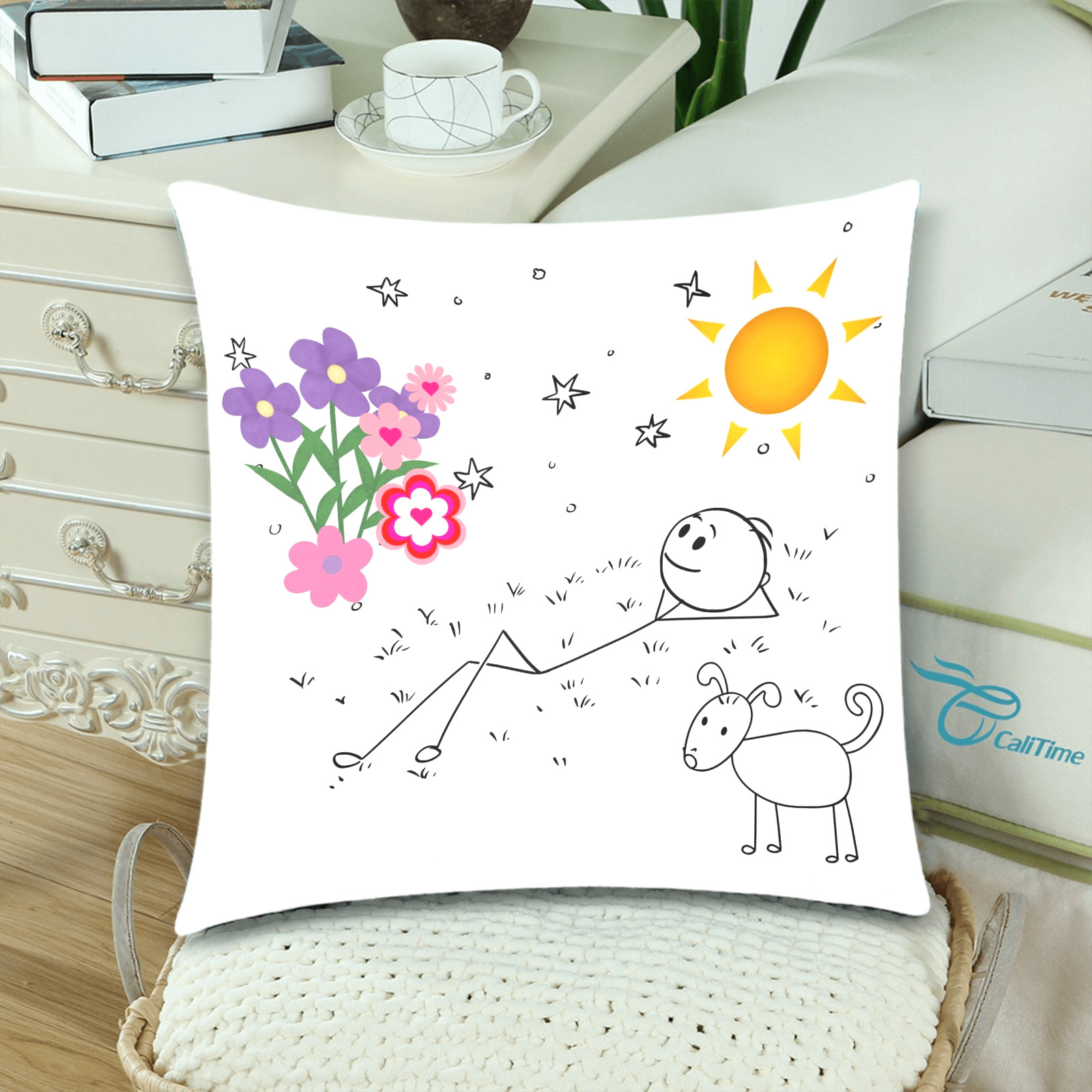 Happy Daze Folk Art Stick Man With Sun and Flowers and Dog Custom Zippered Pillow Cases 18"x 18" (Twin Sides) (Set of 2)