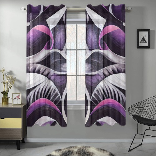 purple, black and white abstract pattern Gauze Curtain 28"x63" (Two-Piece)