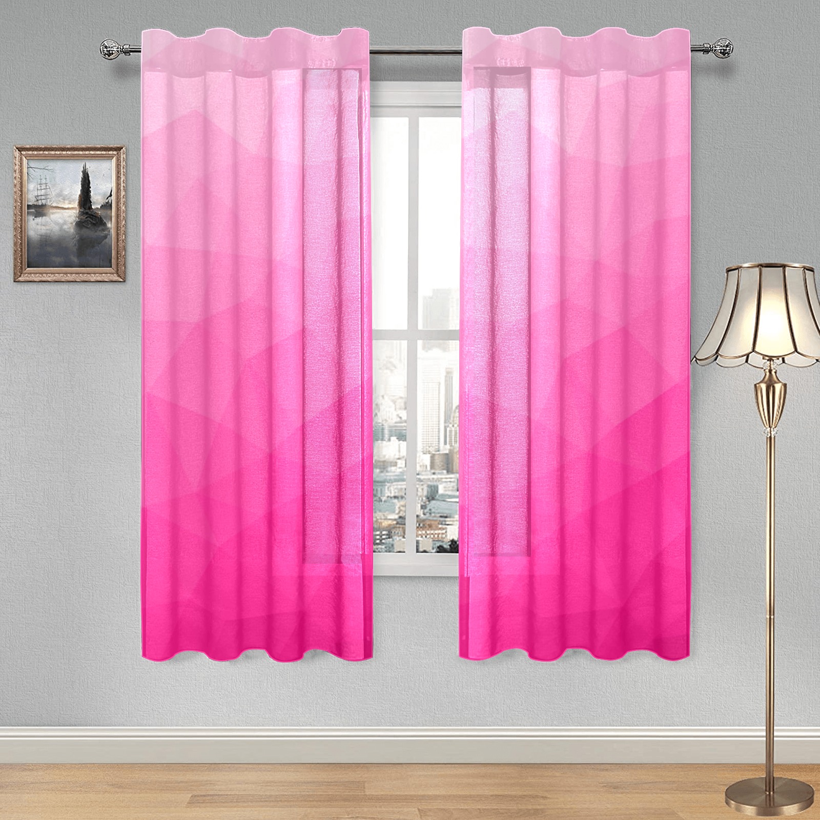 Hot pink gradient geometric mesh pattern Gauze Curtain 28"x63" (Two-Piece)