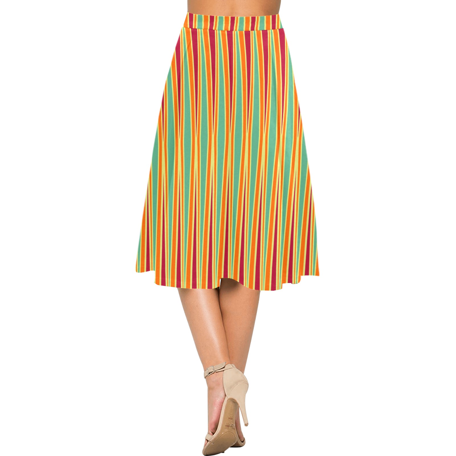 Tribal striped burgundy orange cream azure Mnemosyne Women's Crepe Skirt (Model D16)