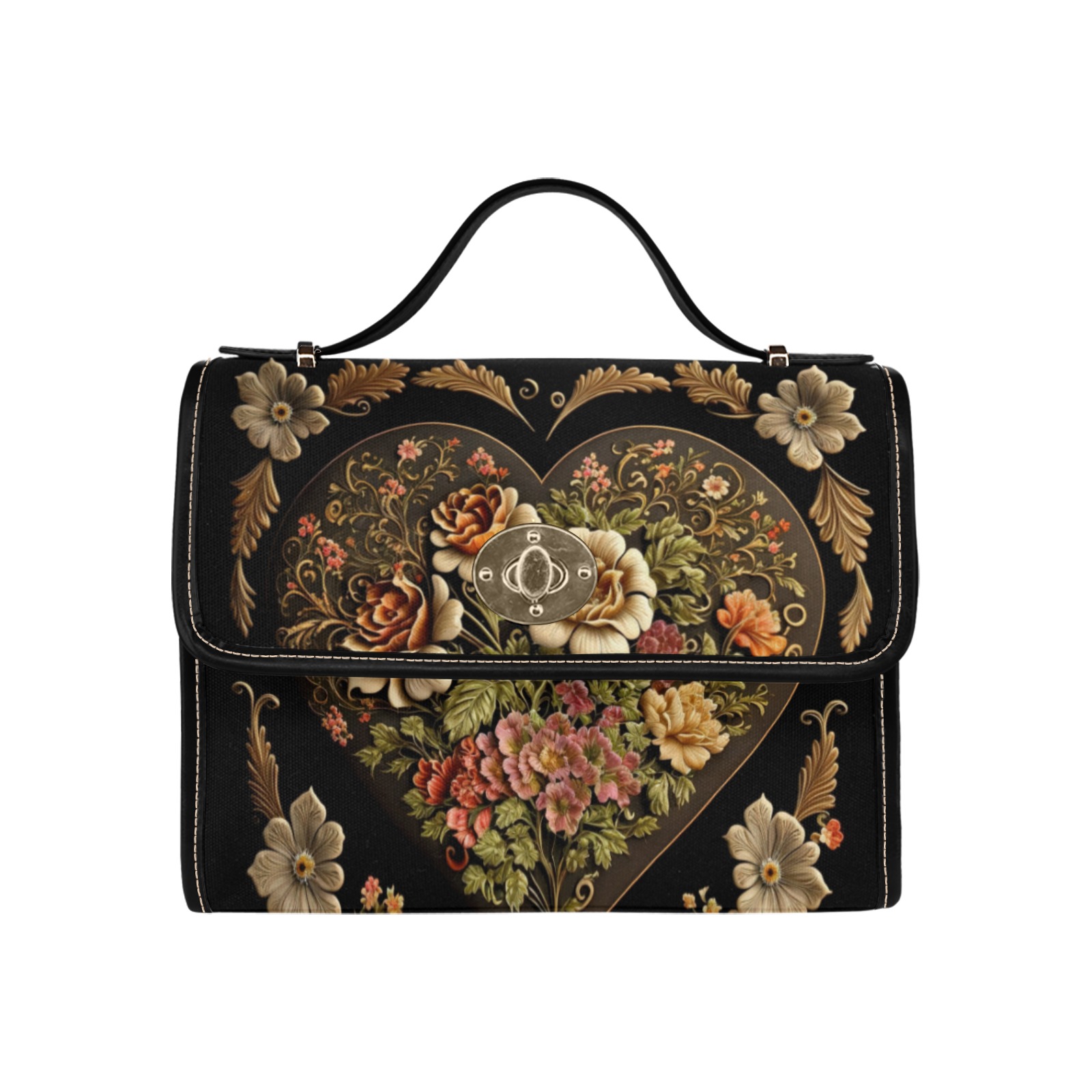 Vintage Victorian Heart Satchel Handbag Waterproof Canvas Bag-Black (All Over Print) (Model 1641)